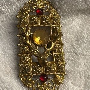 Vintage Gold and Red Deer 1/2 belt clasp brass likely crystal gems Coachella